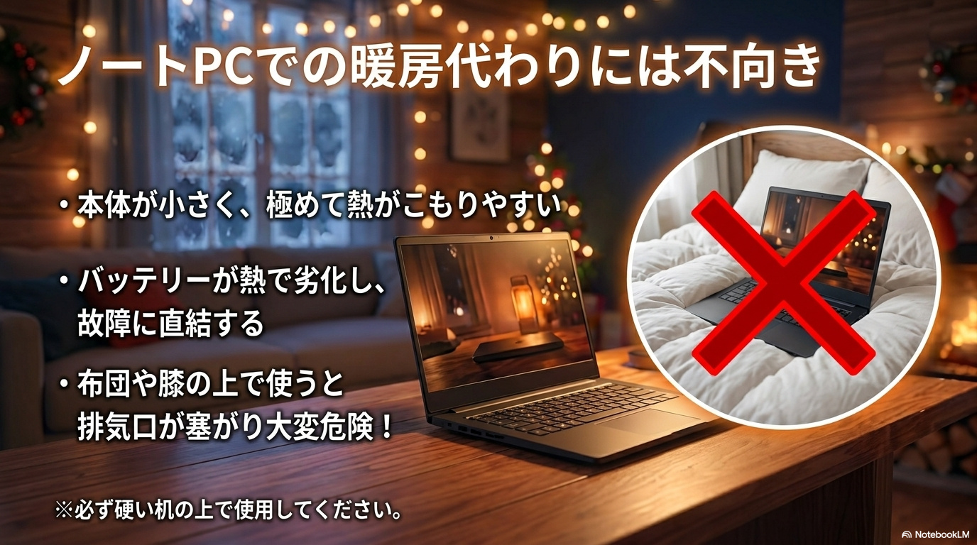 布団の上でノートPCを使用すると吸気口がふさがり、熱がこもる危険があることを示した画像