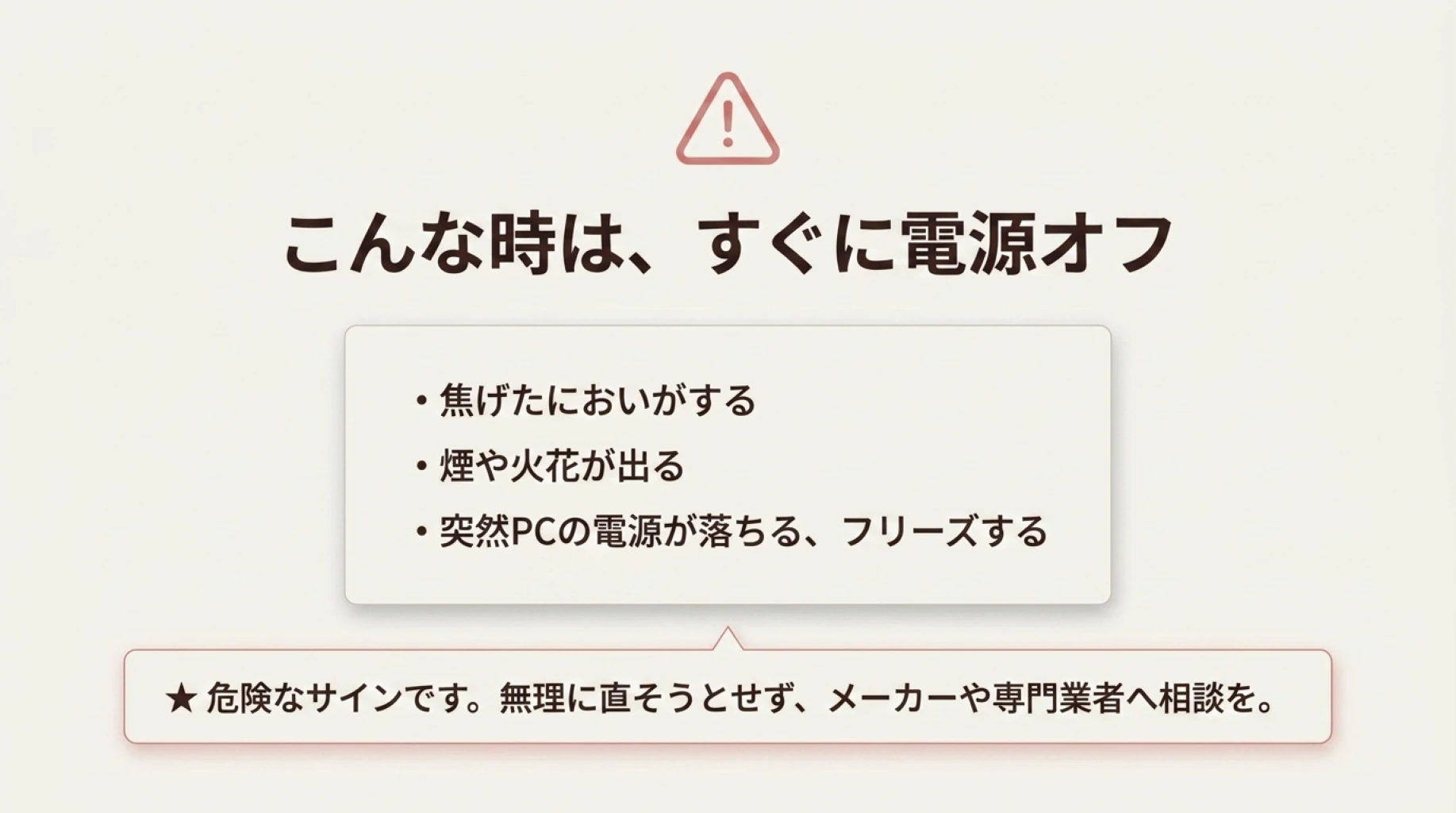 焦げたにおい、煙や火花、突然の電源断やフリーズが発生した際に使用を中止する注意画像