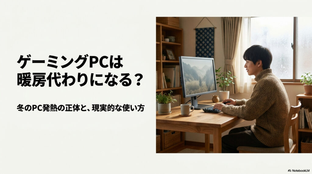 冬の部屋でゲーミングPCを使う男性と、ゲーミングPCが暖房代わりになるかを示したアイキャッチ画像
