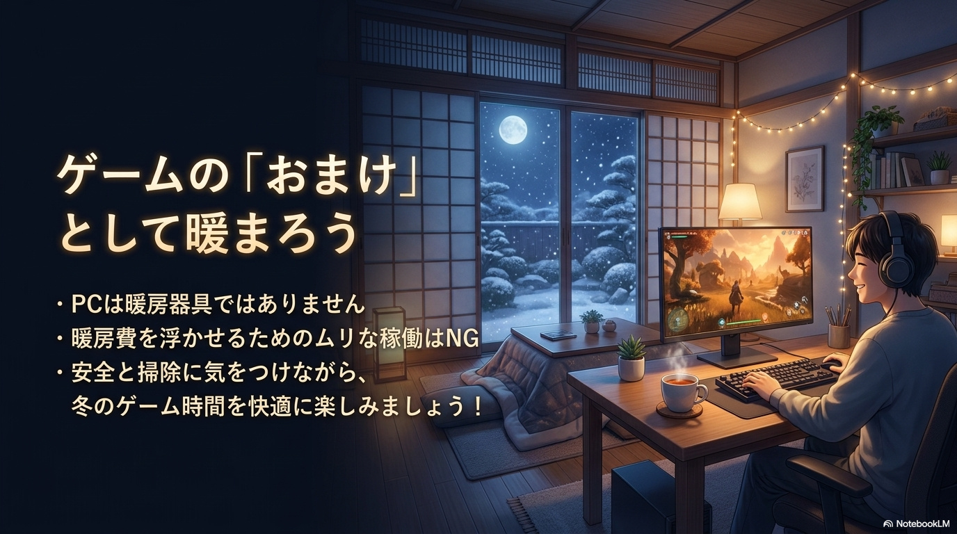 冬の部屋でゲームを楽しむ人物と、ゲーミングPCは暖房器具ではなく副次的に暖かくなる機器であることを示したまとめ画像