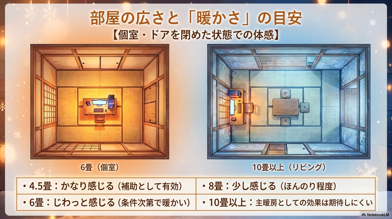 ゲーミングPCの熱を感じやすい狭い個室と、暖房効果が弱くなりやすい広い部屋を比較した図