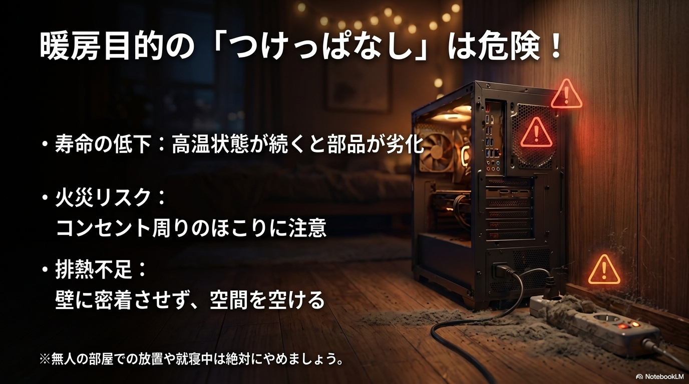 ほこりが溜まった電源タップや排熱不足のゲーミングPCを示し、長時間稼働の安全上の注意を説明した画像
