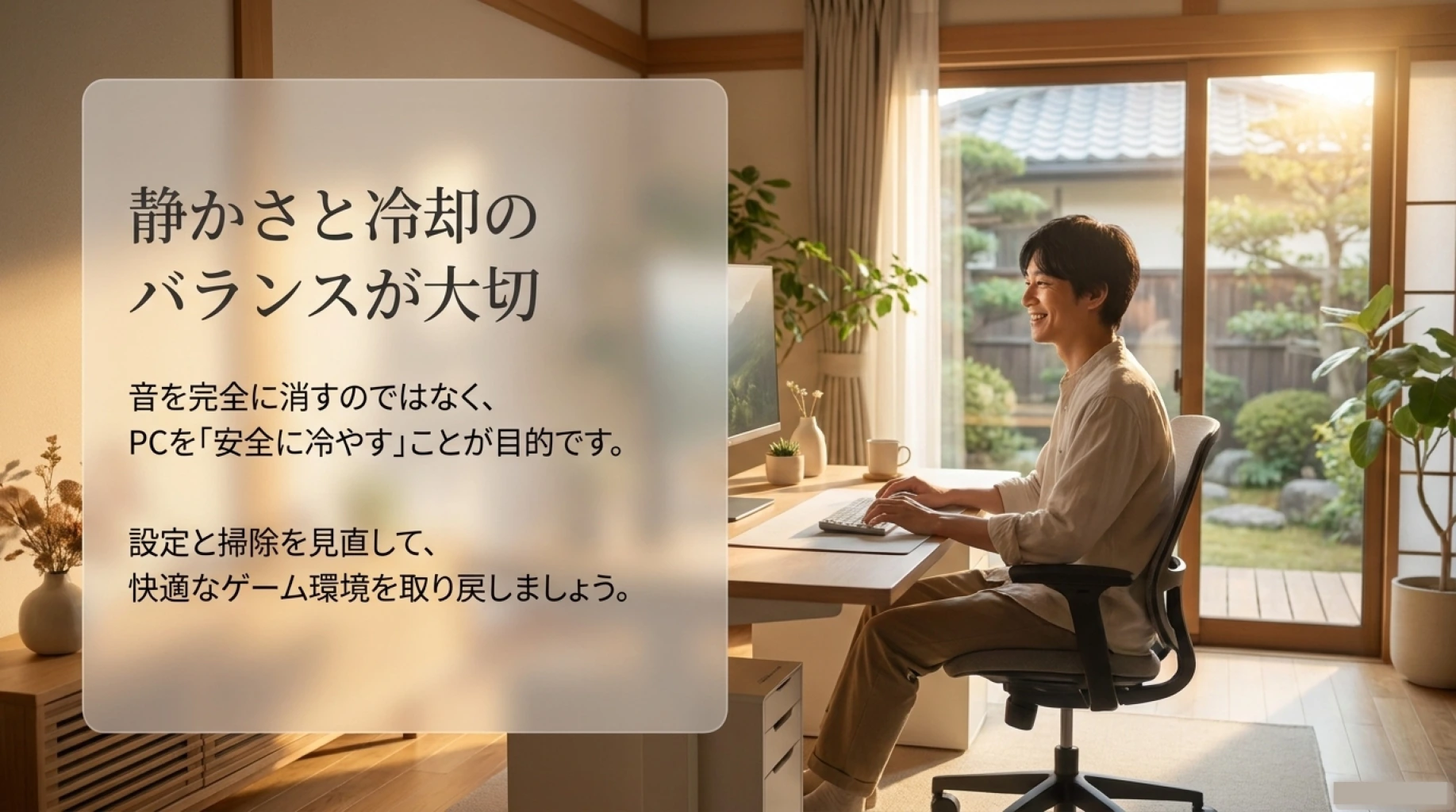 ゲーミングPCの音を完全に消すのではなく、静音性と安全な冷却性能の両立が大切だと示す画像