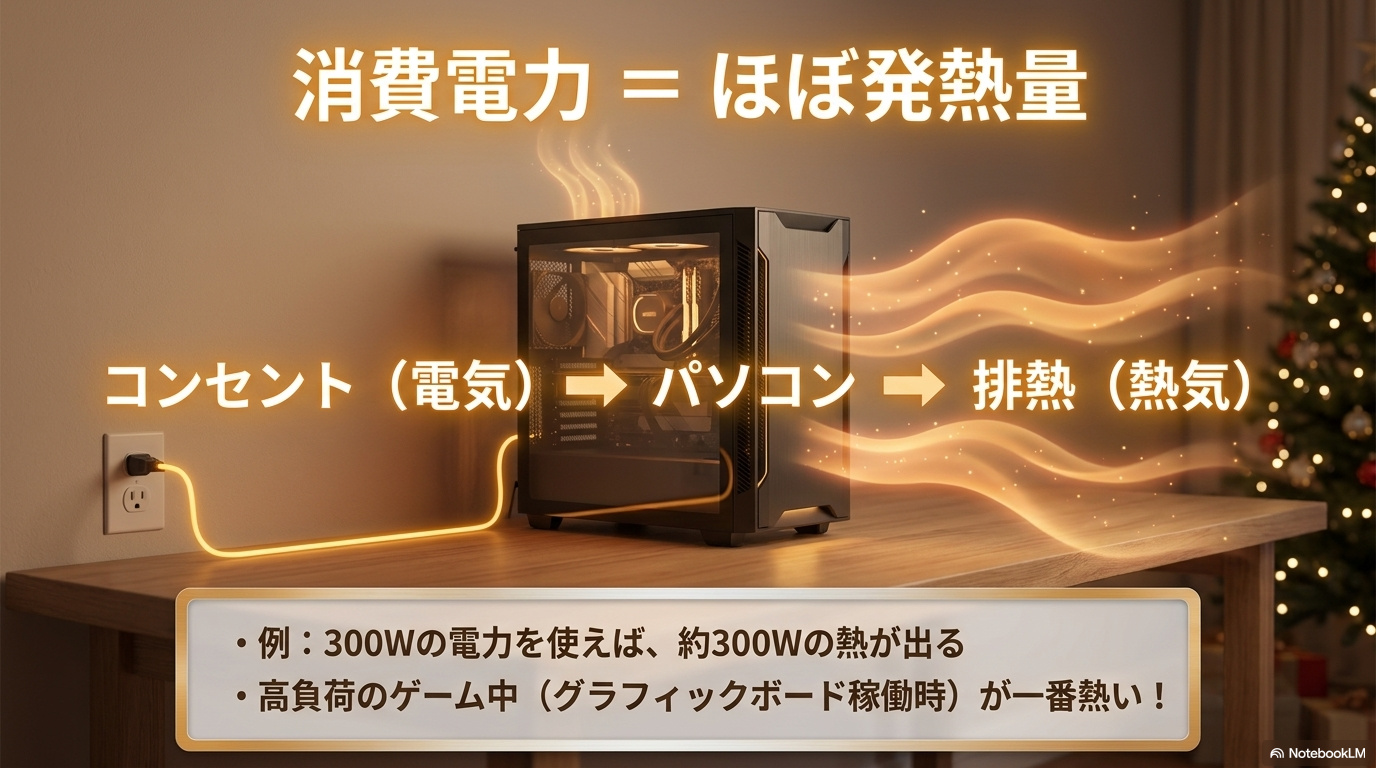 コンセントからゲーミングPCへ供給された電力が、排熱として室内に放出される仕組みを示した図