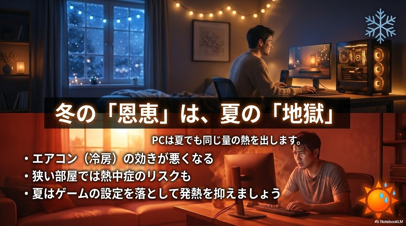 冬はゲーミングPCの排熱が暖かく感じられる一方、夏は室温上昇や冷房負荷の原因になることを示した比較画像
