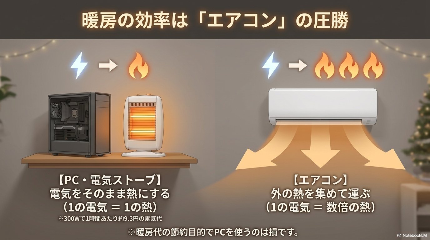 電気を直接熱に変えるゲーミングPCや電気ストーブと、外気の熱を運ぶエアコンの暖房効率を比較した図