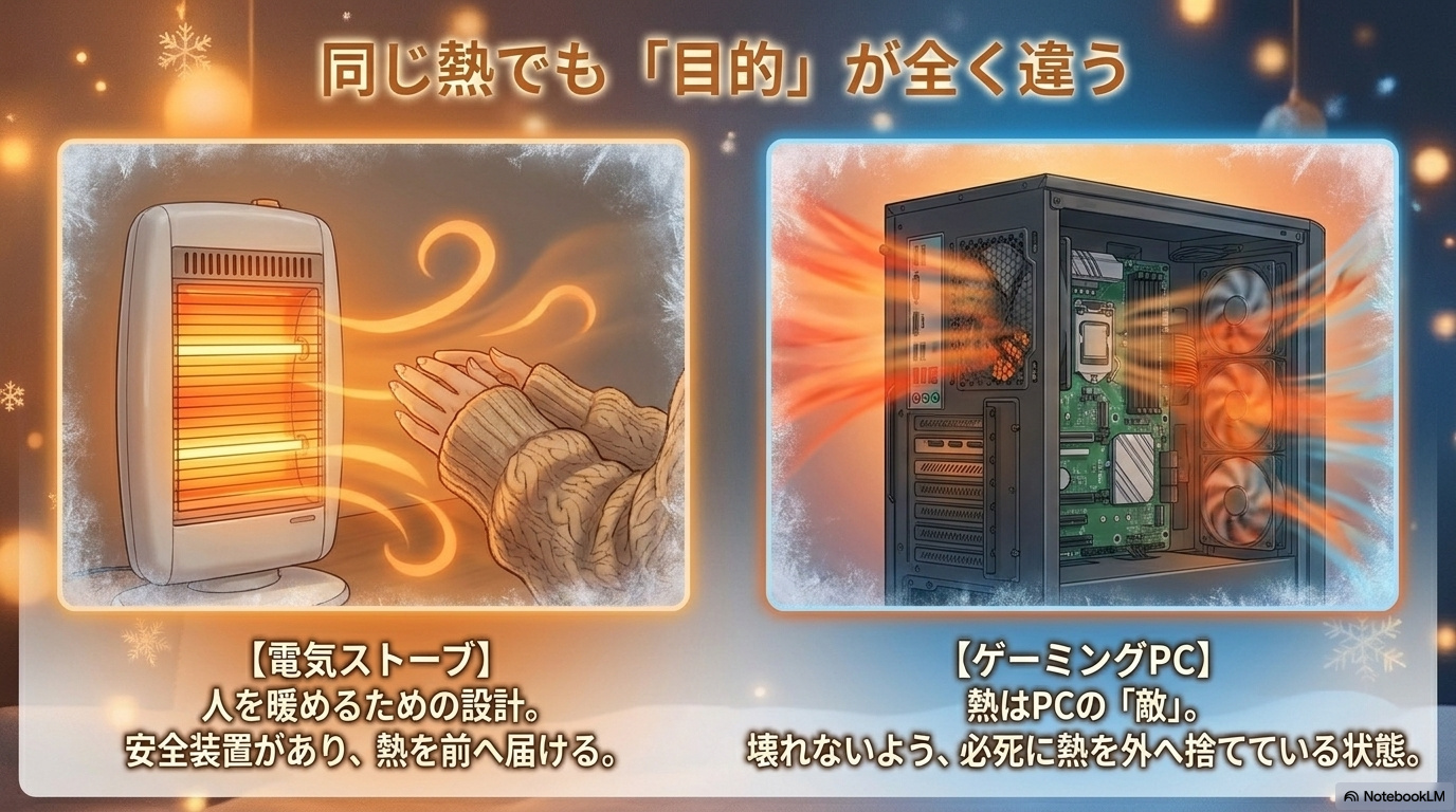 人を暖めるために熱を前方へ届ける電気ストーブと、故障を防ぐために排熱するゲーミングPCを比較した図